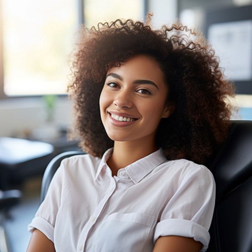 Young woman in white shirt smiling while sitting in dental chair