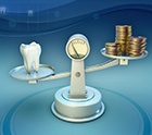 Tooth and coins on balance scale